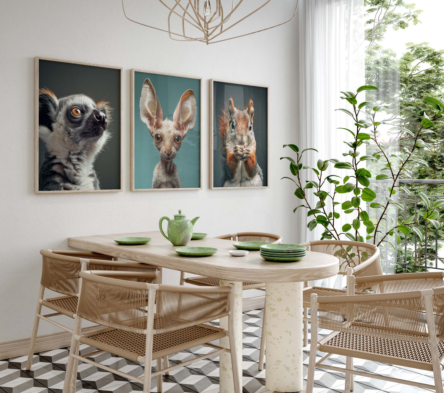 Niedliche Tiere Poster · Geschenkidee · Eichhörnchen, Lemur und Fledermauskatze · Dekoprint ohne Rahmen
