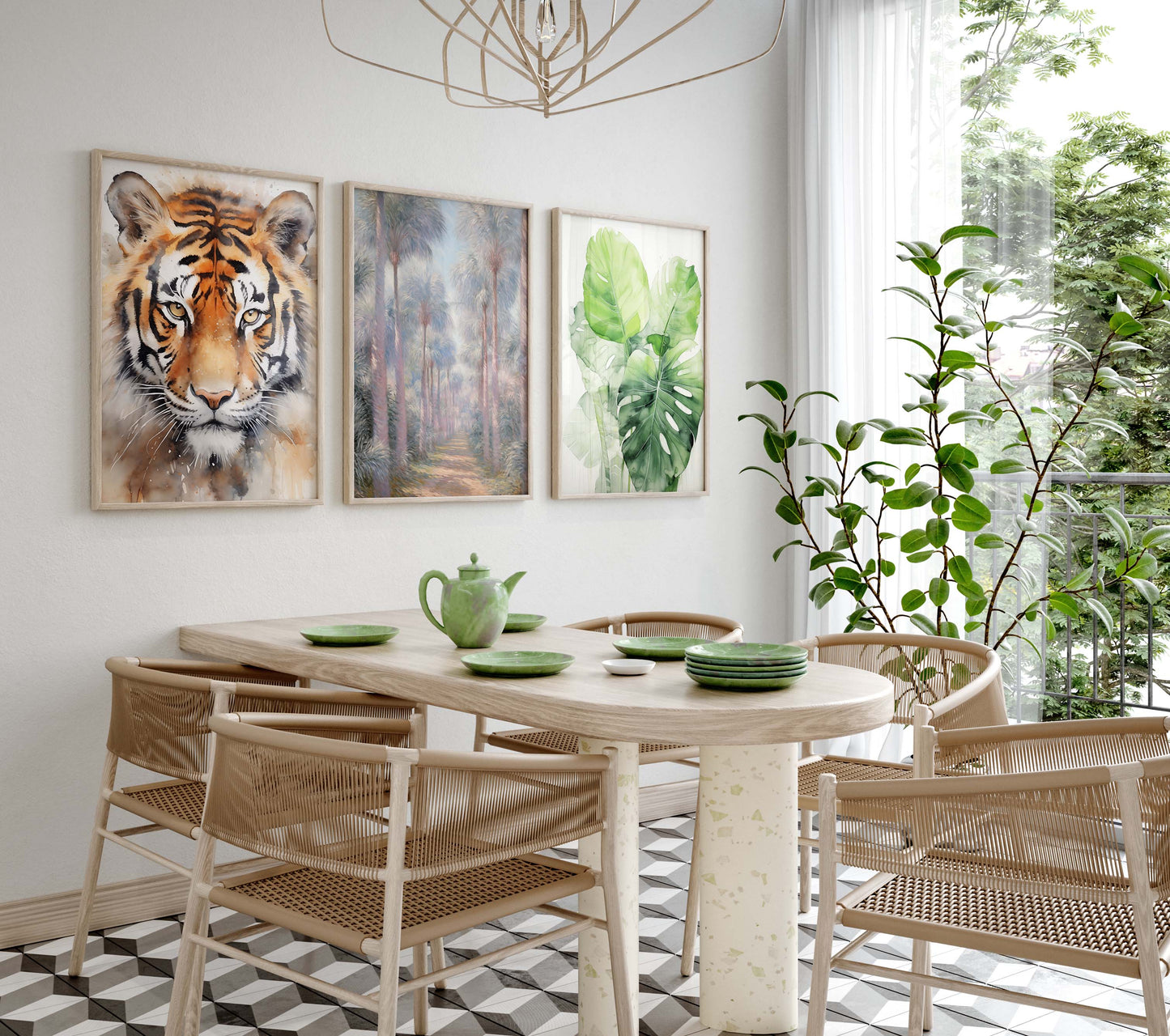 Tropische Pflanzen Poster · Geschenkidee · Aquarell Dschungelblätter und Tiger · Wohnzimmer Dekoprint ohne Rahmen