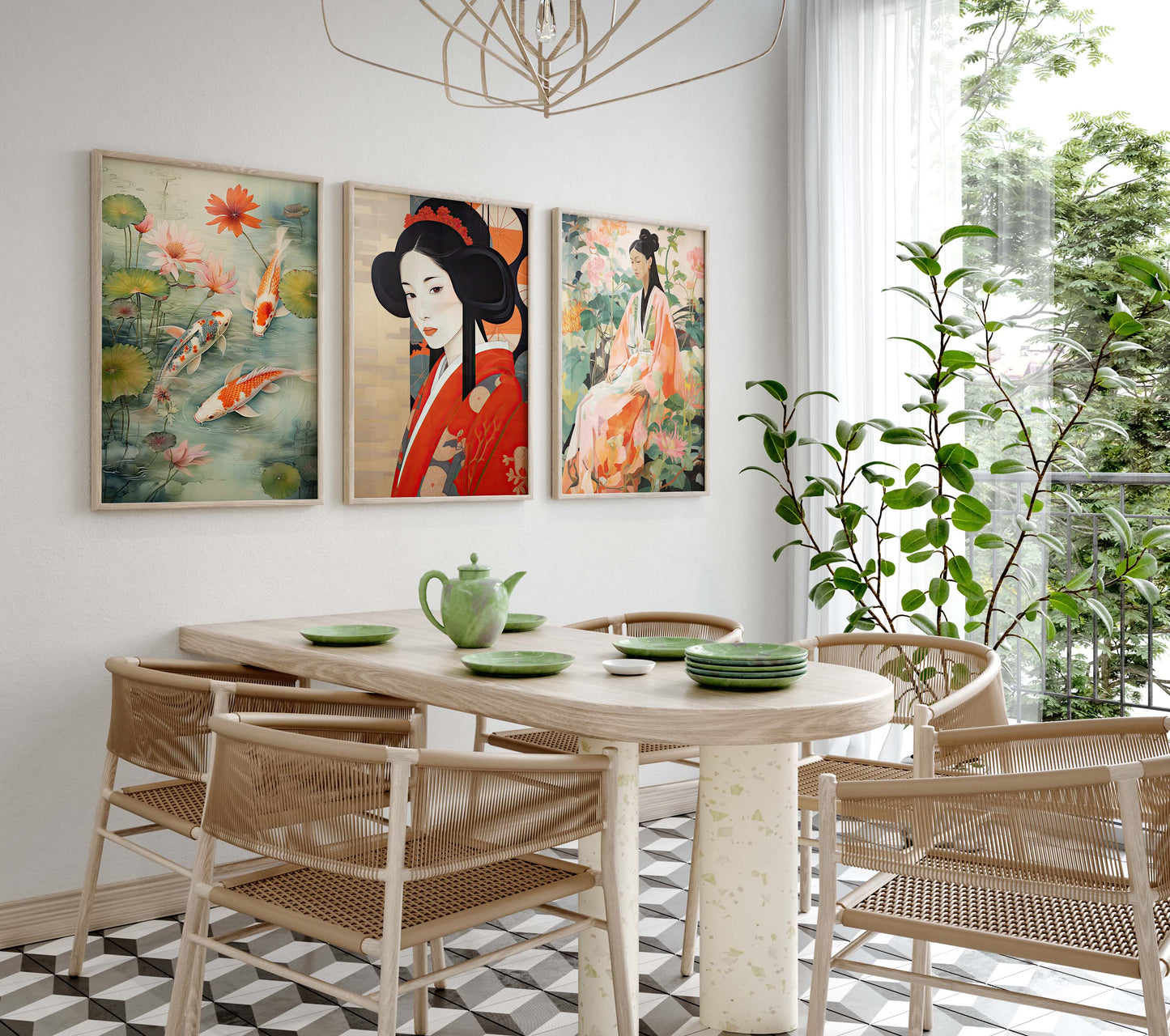 Japan Poster · Geschenkidee · Geisha Kirschblüten Koi und Lotus im Japandi Stil · Dekoprint ohne Rahmen