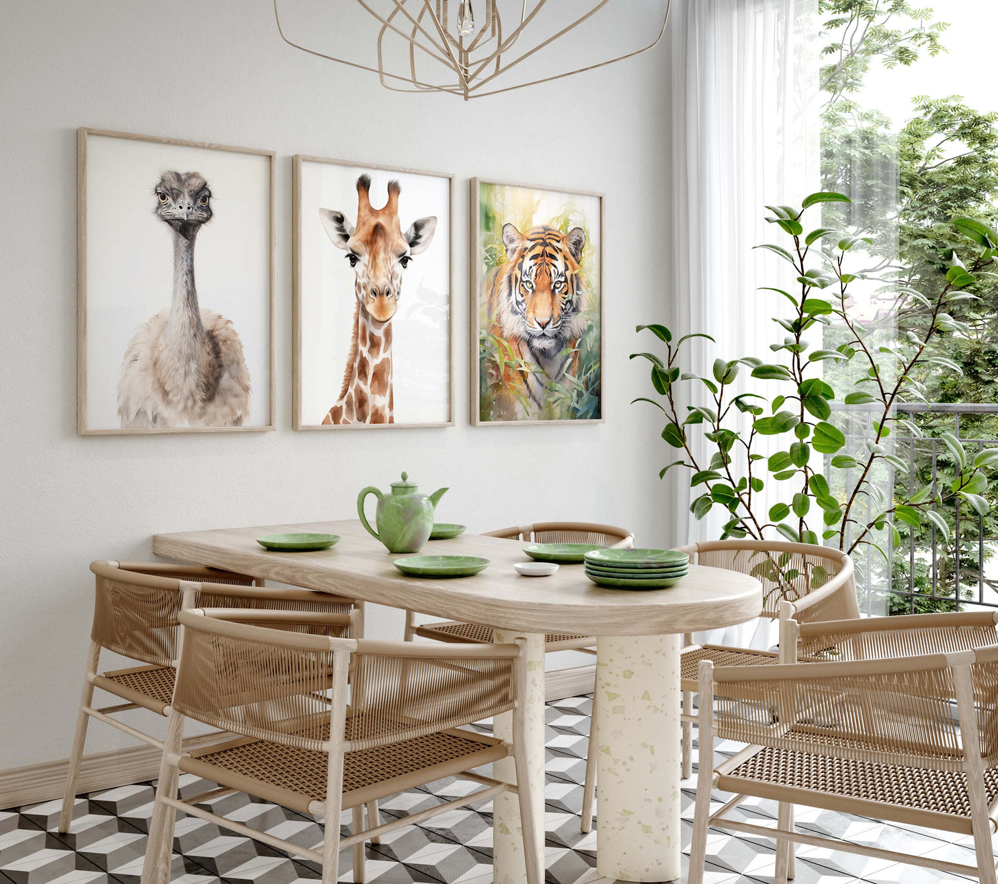 Safari Poster · Geschenkidee · Giraffe Tiger Affe Strauß und Palmen · Dekoprint ohne Rahmen