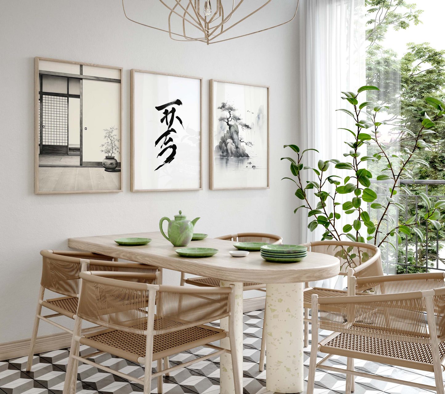 Japan Poster · Geschenkidee · Zen Minimalismus Kalligrafie Geisha und Landschaft · Dekoprint ohne Rahmen