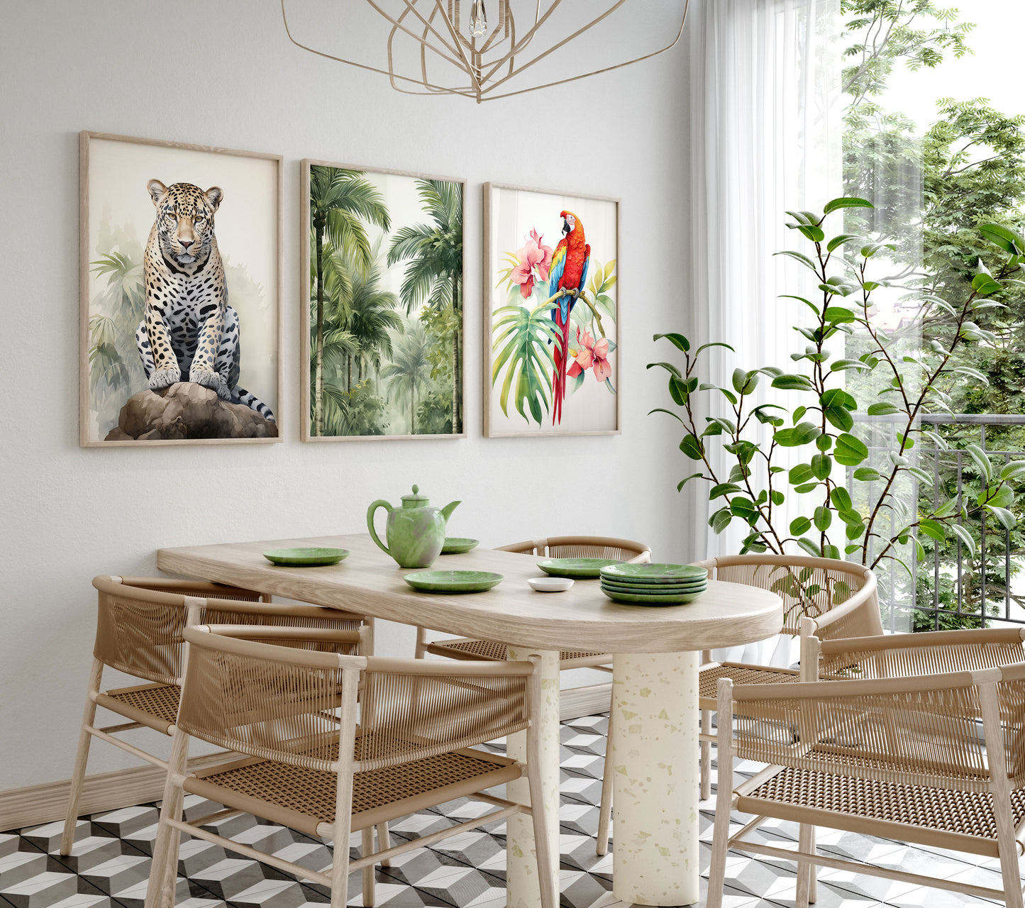 Dschungel Tiere Poster · Geschenkidee · Aquarell mit Leopard, Papagei und Flamingo · Wohnzimmer Deko · Dekoprint ohne Rahmen
