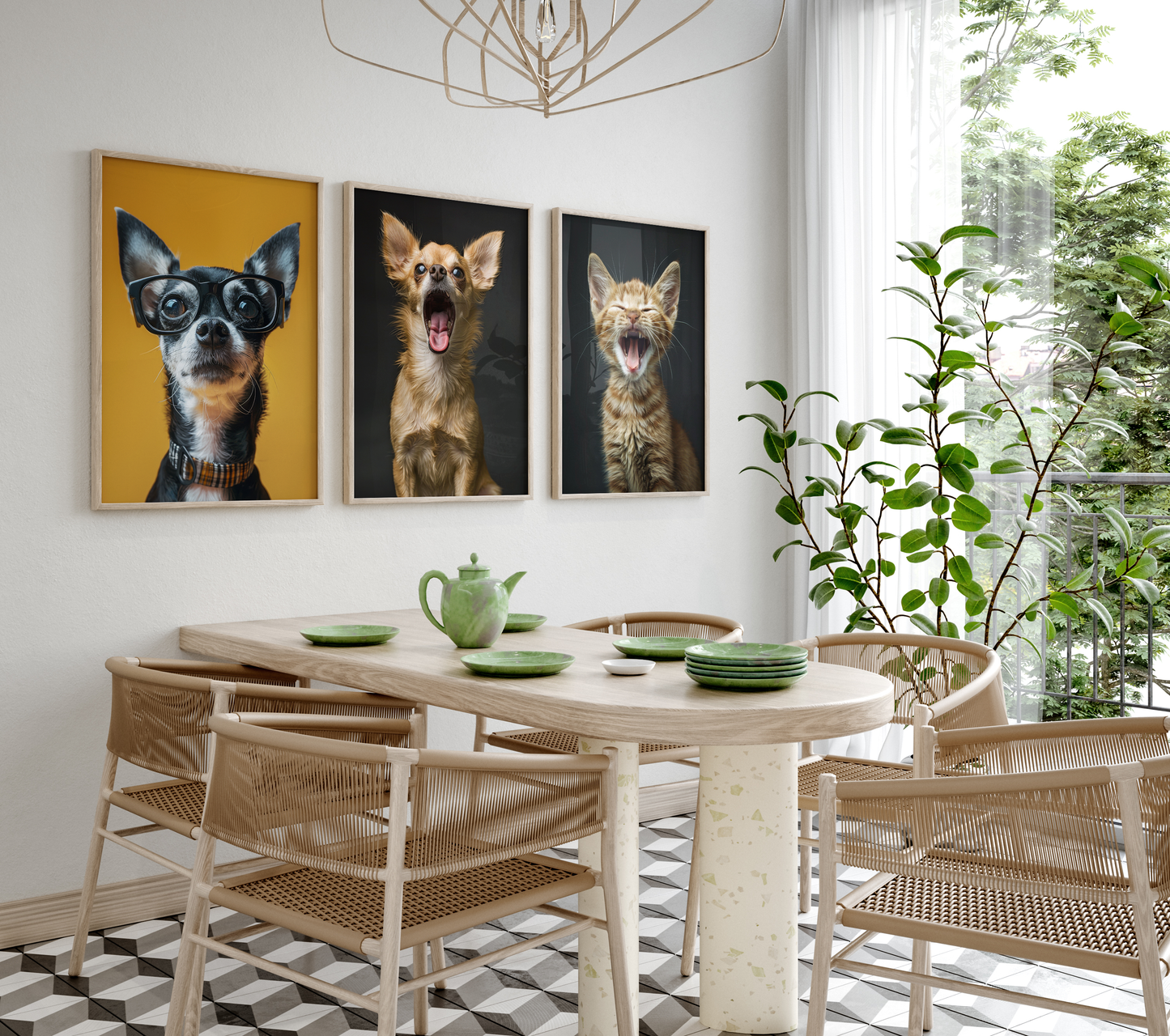 Lustige Haustier Poster · Geschenkidee · Chihuahua mit Brille Hunde und Katze · Dekoprint ohne Rahmen