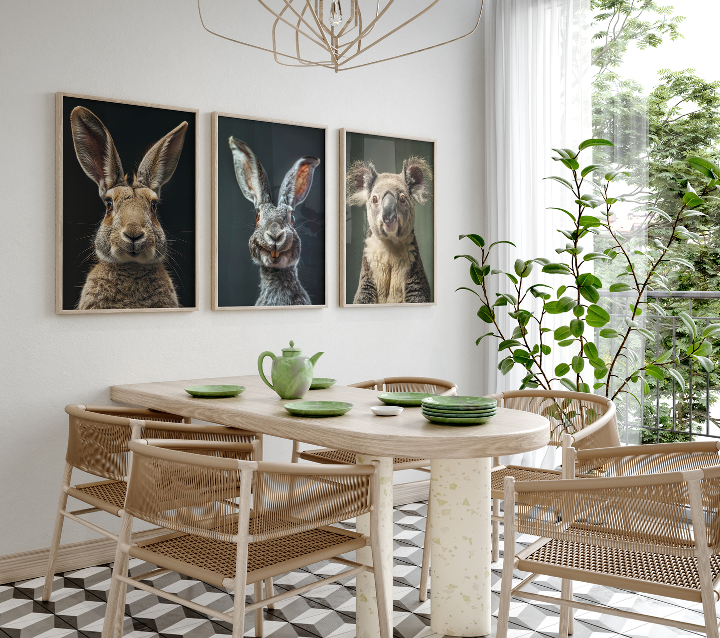 Niedliche Tierporträts Poster · Geschenkidee · Koala, Hase, Kaninchen und Kletterbeutler · Dekoprint ohne Rahmen