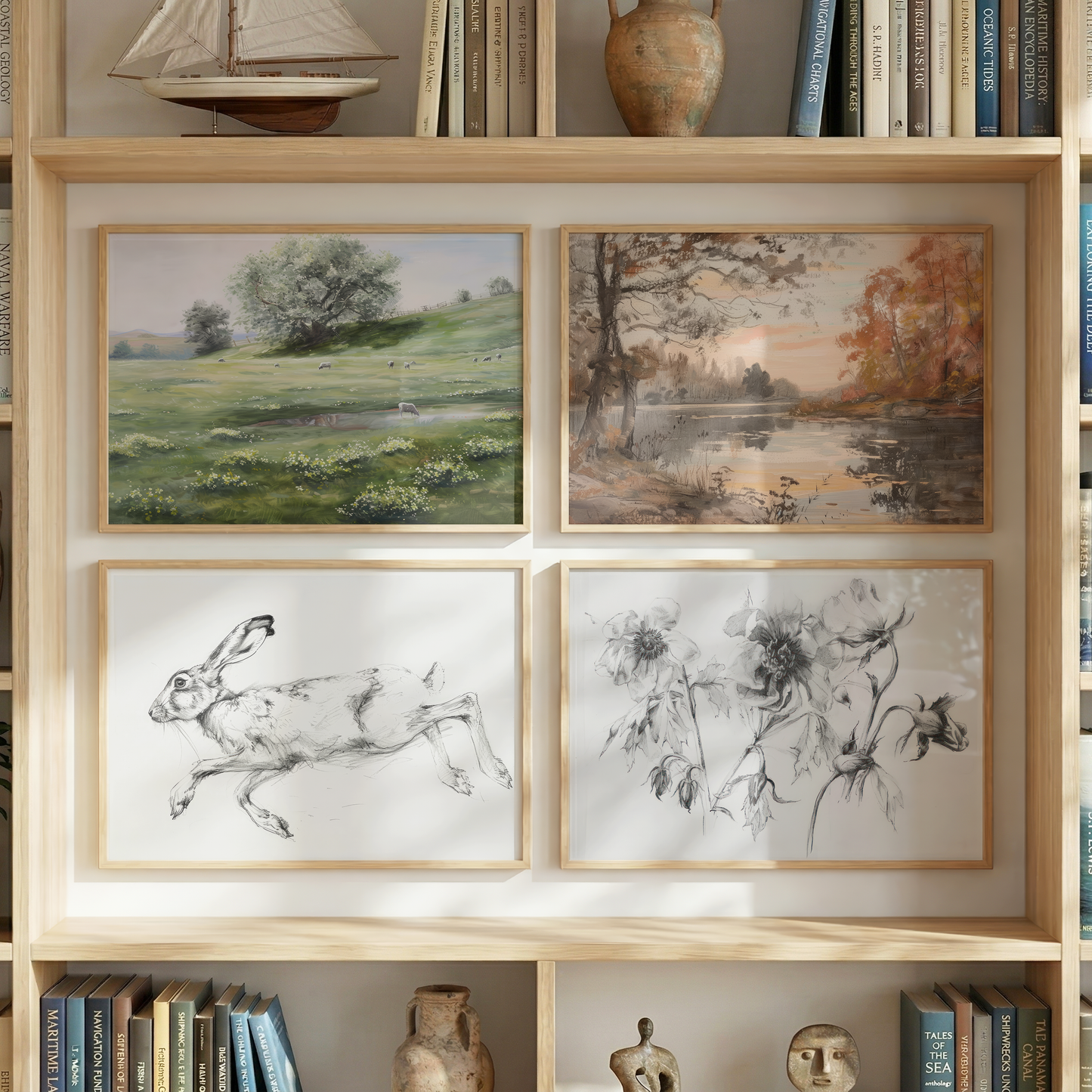 Moderne Natur Poster · Geschenkidee · Wald Blumenzeichnung Hase Herbstlandschaft · Dekoprint ohne Rahmen