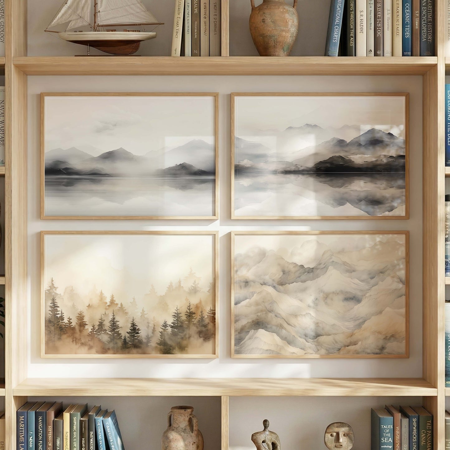 Panorama Landschaft Poster · Geschenkidee · Aquarell Berge Wald und Seelandschaften in Sanften Naturtönen · Print ohne Rahmen