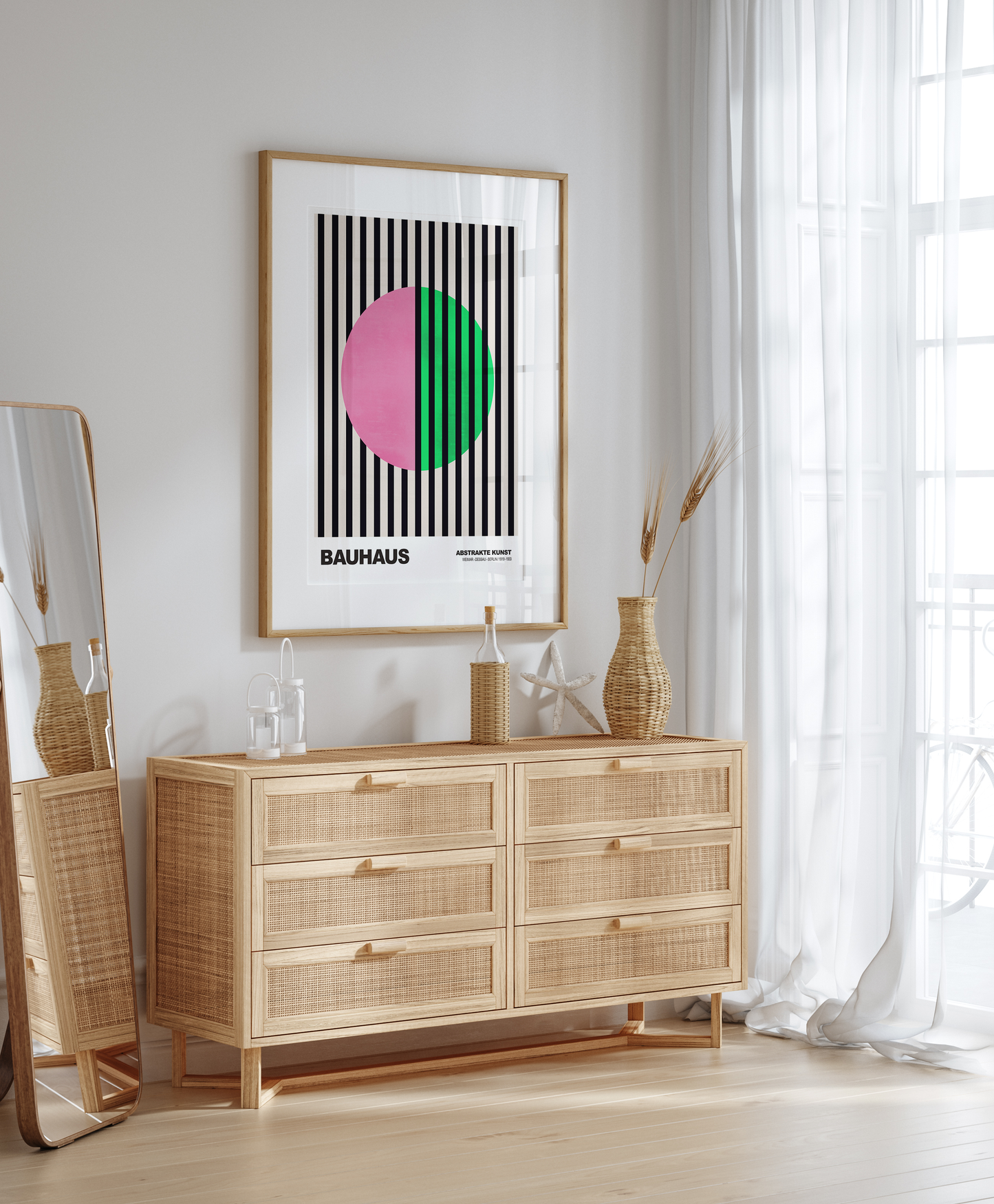 Poster Bauhaus Abstrakte Kunst · Pink Grüner Kreis mit schwarzen Streifen · Modernes Geometrisches Design · Deko Print ohne Rahmen