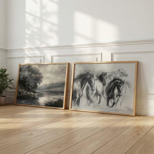 Moderne Vintage Landschaft Poster · Geschenkidee · Flusslandschaft Pferde Stillleben Klassische Wandkunst · Dekoprint ohne Rahmen