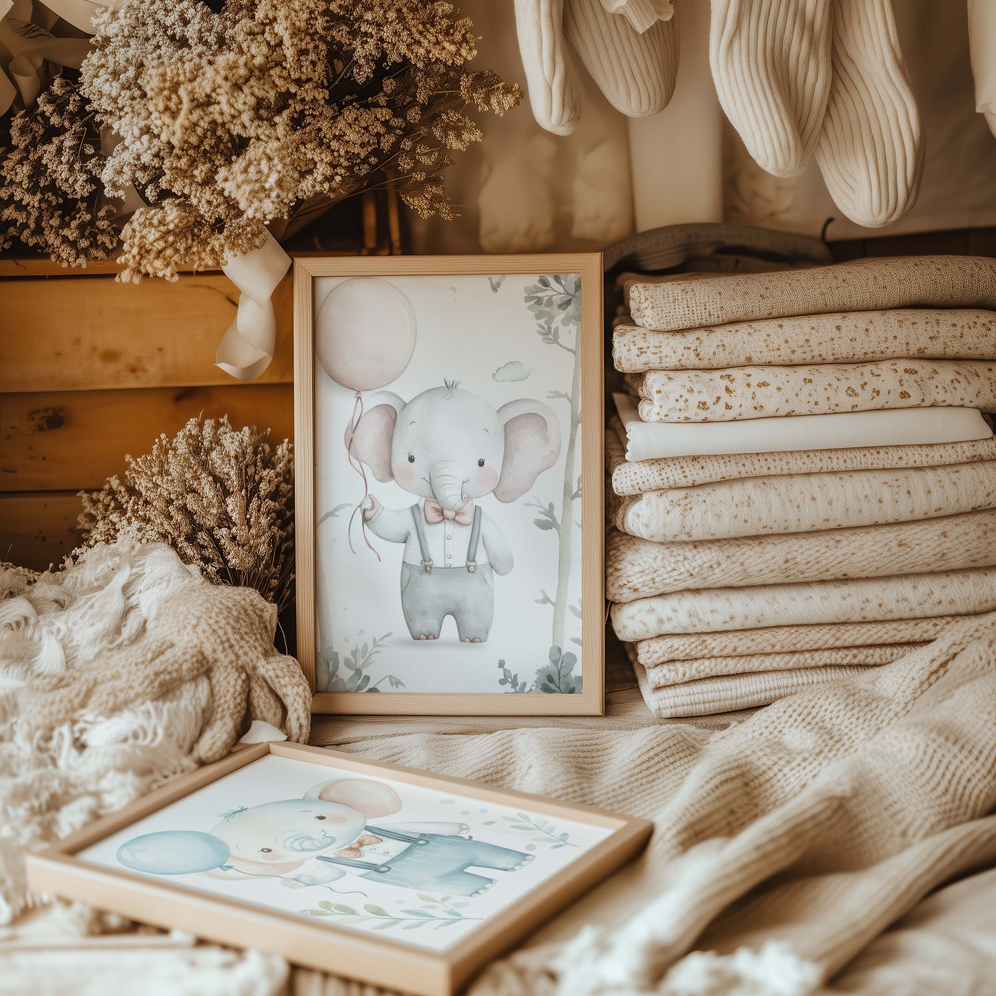 Niedliches Elefanten Kinderzimmer Poster · Aquarell Elefant mit Ballon · Babyzimmer Wanddeko · Pastell Tierillustration · Print ohne Rahmen
