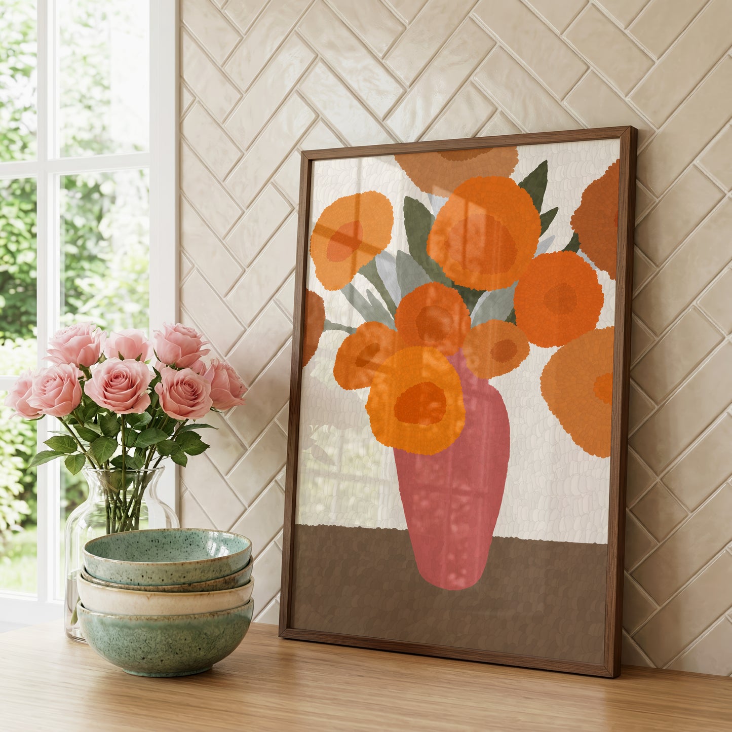 Blumen Poster · Geschenkidee · Bunte Blumenvasen, Stillleben und Abstrakte Wellenkunst · Dekoprint ohne Rahmen