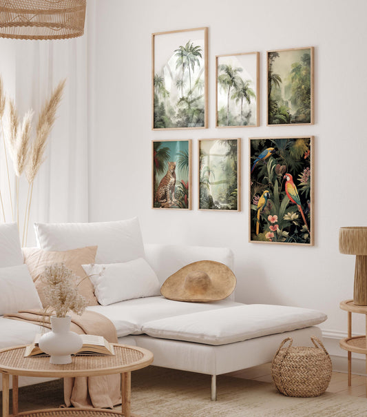 Dschungel Poster · Geschenkidee · Tropischer Regenwald Palmen Papageien und Leopard · Dekoprint ohne Rahmen