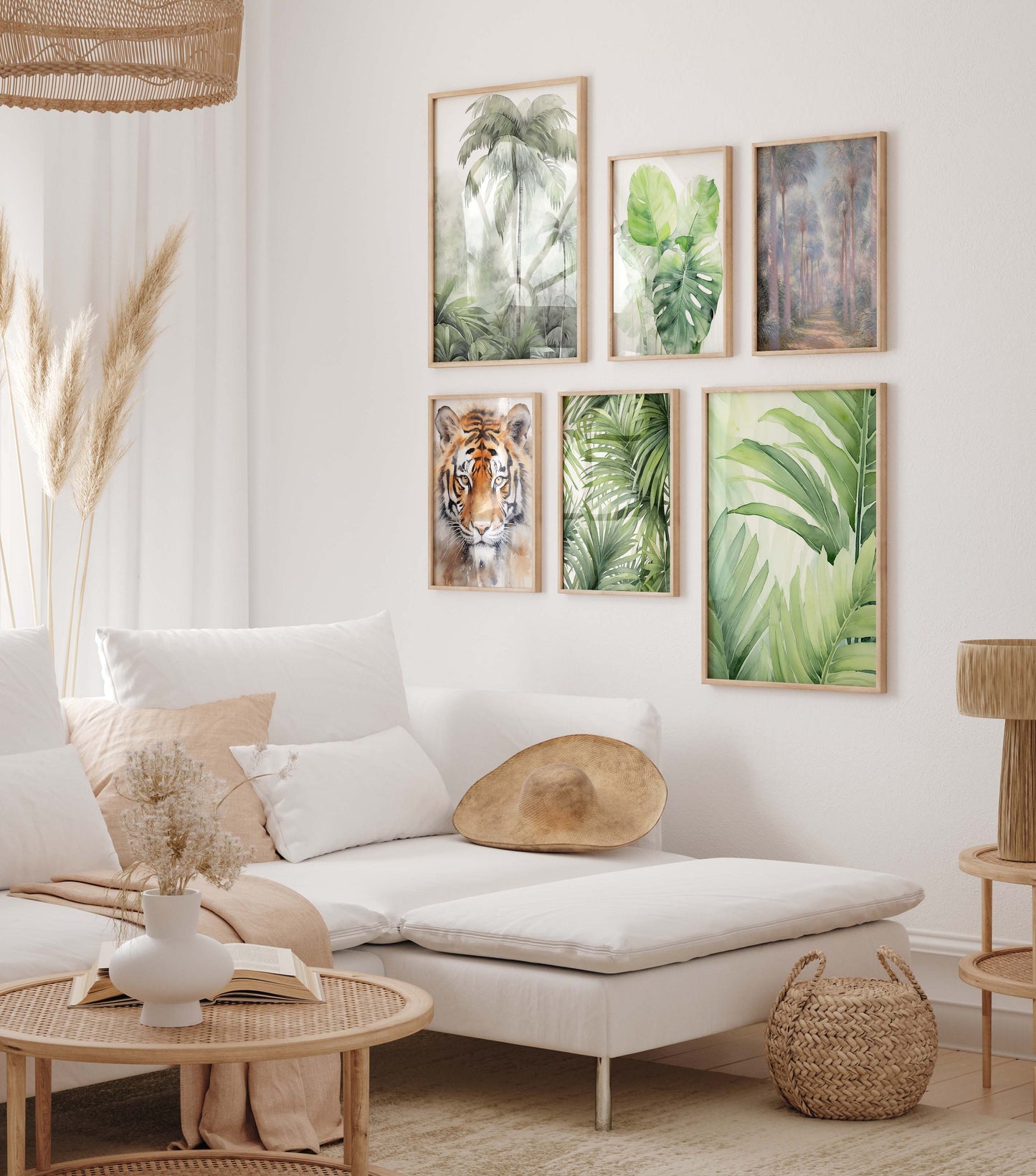 Tropische Pflanzen Poster · Geschenkidee · Aquarell Dschungelblätter und Tiger · Wohnzimmer Dekoprint ohne Rahmen