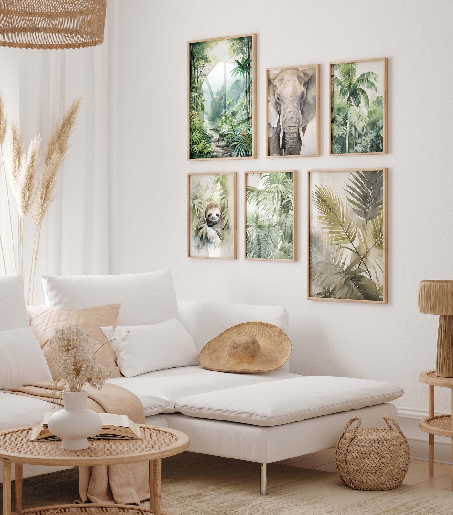 Safari Dschungel Poster · Geschenkidee · Faultier, Elefant und Tropische Pflanzen · Wohnzimmer Dekoprint ohne Rahmen