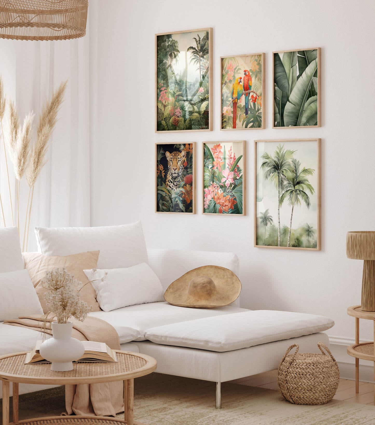 Dschungel Poster · Geschenkidee · Aquarell mit Leopard Papageien Flamingo · Wohnzimmer Deko · Dekoprint ohne Rahmen
