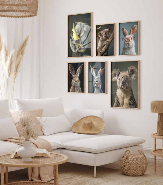Niedliche Tierporträts Poster · Geschenkidee · Koala, Hase, Kaninchen und Kletterbeutler · Dekoprint ohne Rahmen