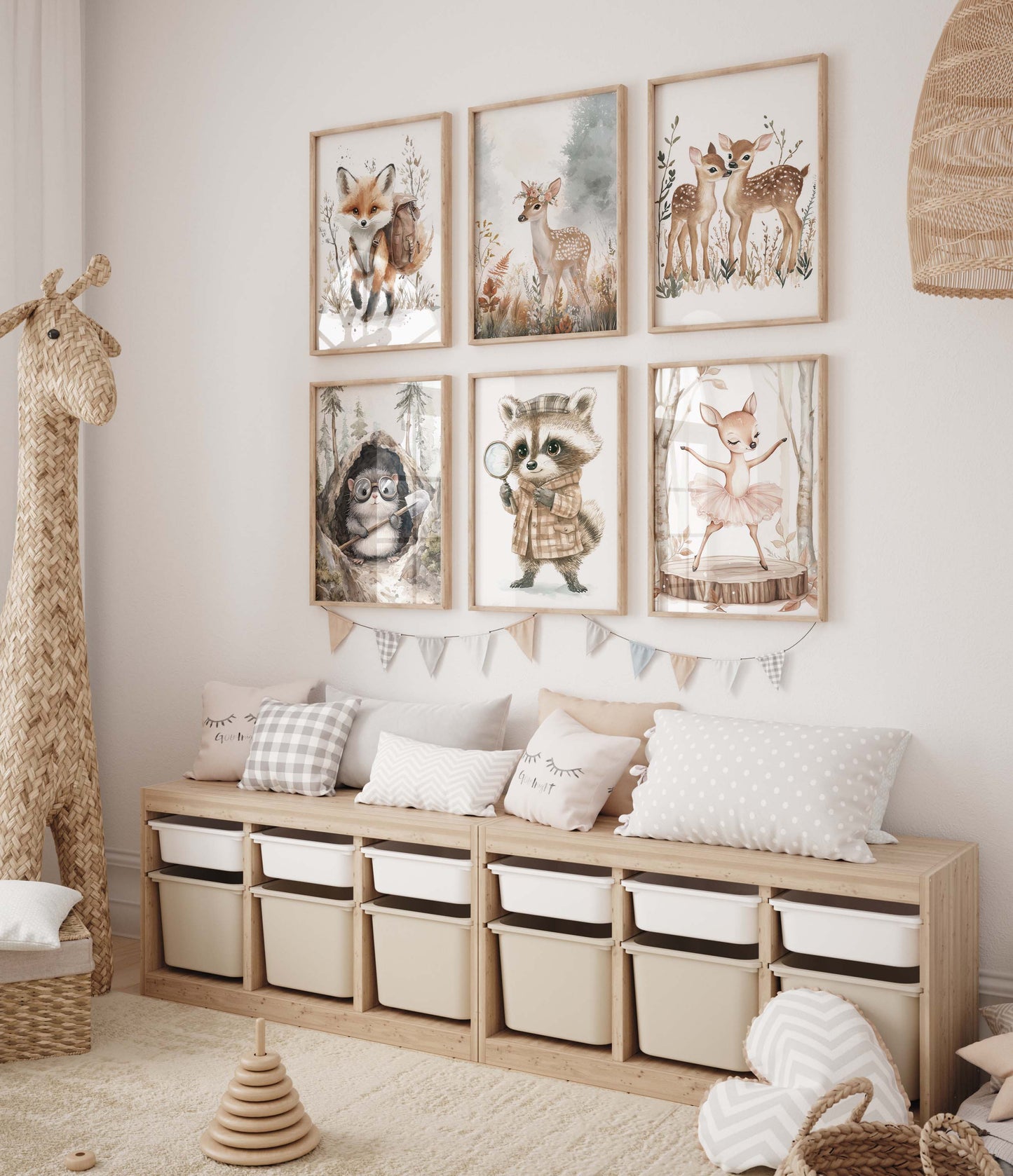 Niedliche Waldtiere Kinderzimmer Poster · Aquarell Reh Fuchs Waschbär Hase · Babyzimmer Wanddeko · Print ohne Rahmen