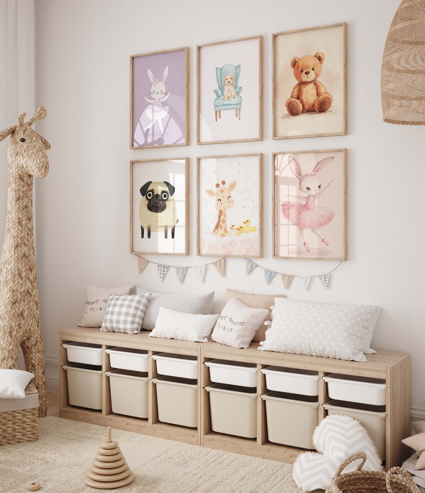 Niedliche Tier poster · Geschenkidee · Teddy, Hase, Mops, Giraffe und Welpe · Dekoprint ohne Rahmen