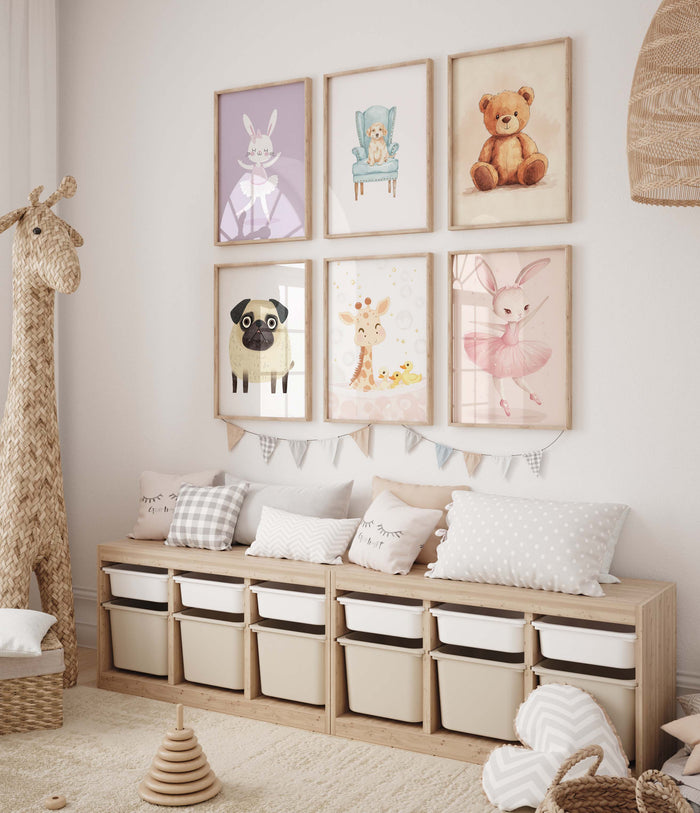 Niedliche Tierposter | Teddy, Hase & Giraffe für Kinderzimmer