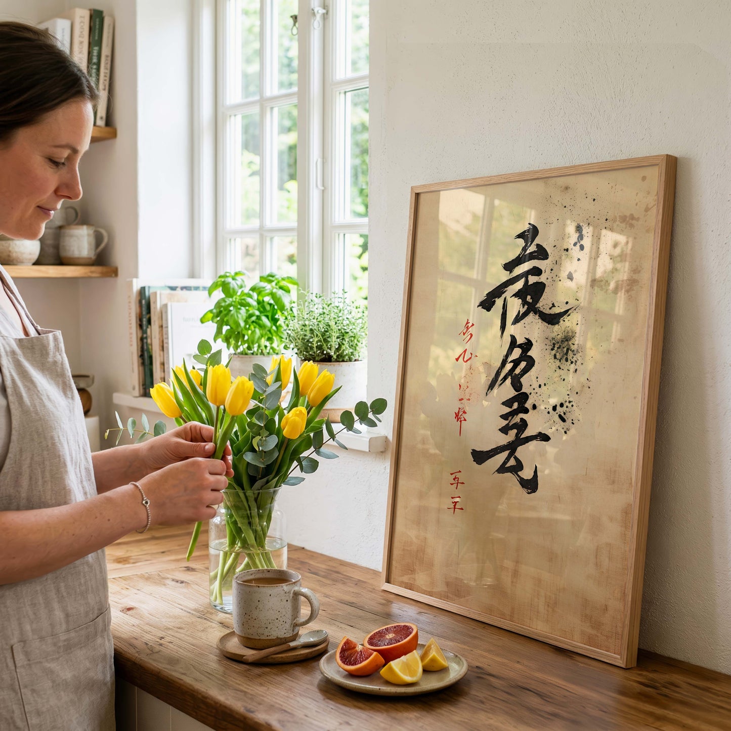 Japan Poster · Geschenkidee · Zen Kalligrafie Fuji Geisha und Lotusblüten · Dekoprint ohne Rahmen