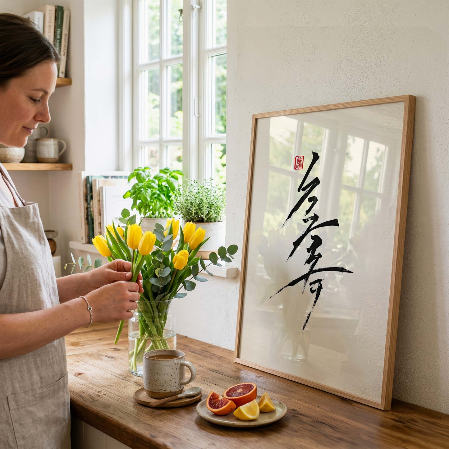 Japan Poster · Geschenkidee · Zen Minimalismus Kalligrafie Geisha und Landschaft · Dekoprint ohne Rahmen