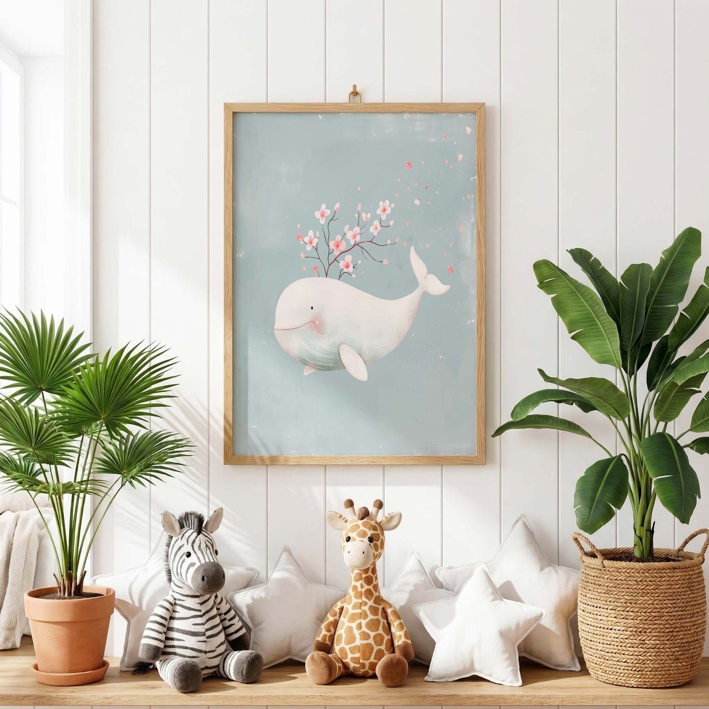 Wal und Gespenster Poster · Geschenkidee · Sanfte Illustration mit Sternen und Blüten · Kinderzimmer Deko · Dekoprint ohne Rahmen