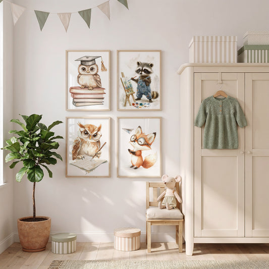 Waldtiere Kinderzimmer Magisch Aquarell Eule Waschbär Fuchs Poster · Kinderzimmer Bilder · Wand Deko · Kunst Druck · Deko Print ohne Rahmen