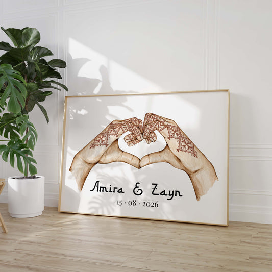 Hände Herz Liebe Poster · Geschenkidee · Personalisierte Namen Datum Hochzeit Verlobung · Minimalistisches Wandbild · Print ohne Rahmen