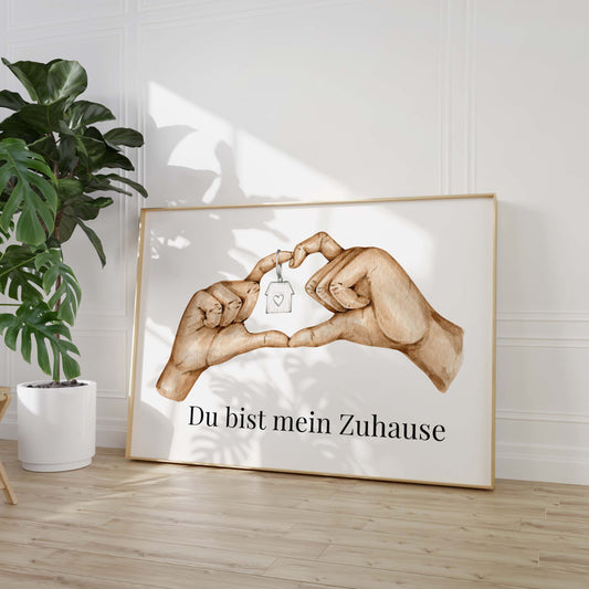 Hände Herz Haus Schlüssel Poster · Geschenkidee · Liebe Zuhause Spruch Illustration · Minimalistisches Wandbild · Print ohne Rahmen