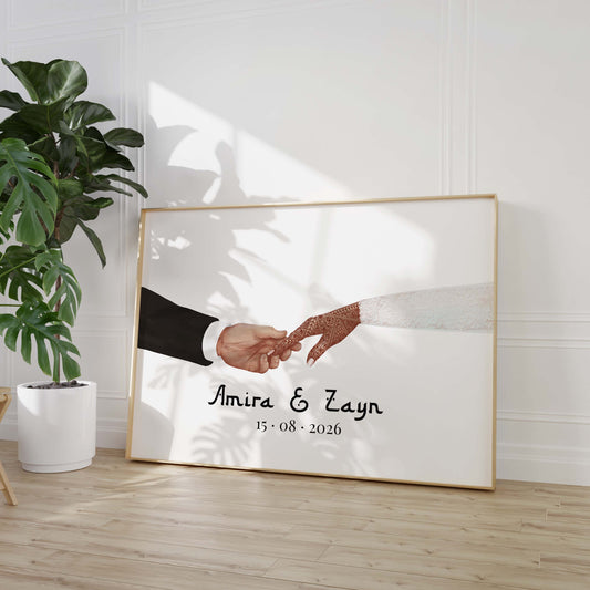 Hände Verbindung Paar Hochzeit Poster · Geschenkidee · Personalisierte Namen Datum Verlobung Liebe Illustration · Print ohne Rahmen