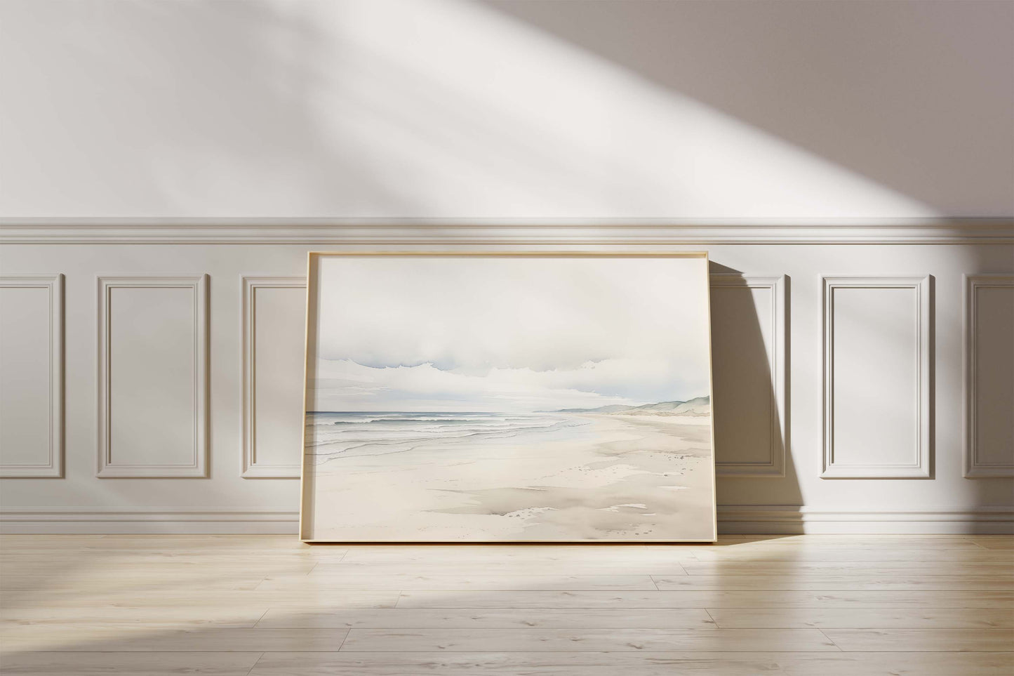 Küstenlandschaft Poster · Geschenkidee · Aquarell Strand Nebelberge Wandkunst · Print ohne Rahmen