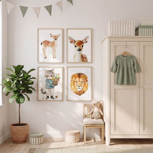Tiere Kinderzimmer Süß Aquarell Reh Katze Löwe Poster · Kinderzimmer Bilder · Wand Deko · Kunst Druck · Deko Print ohne Rahmen