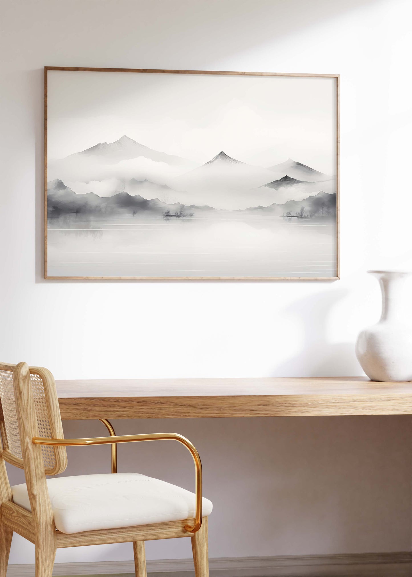 Küstenlandschaft Poster · Geschenkidee · Aquarell Strand Nebelberge Wandkunst · Print ohne Rahmen