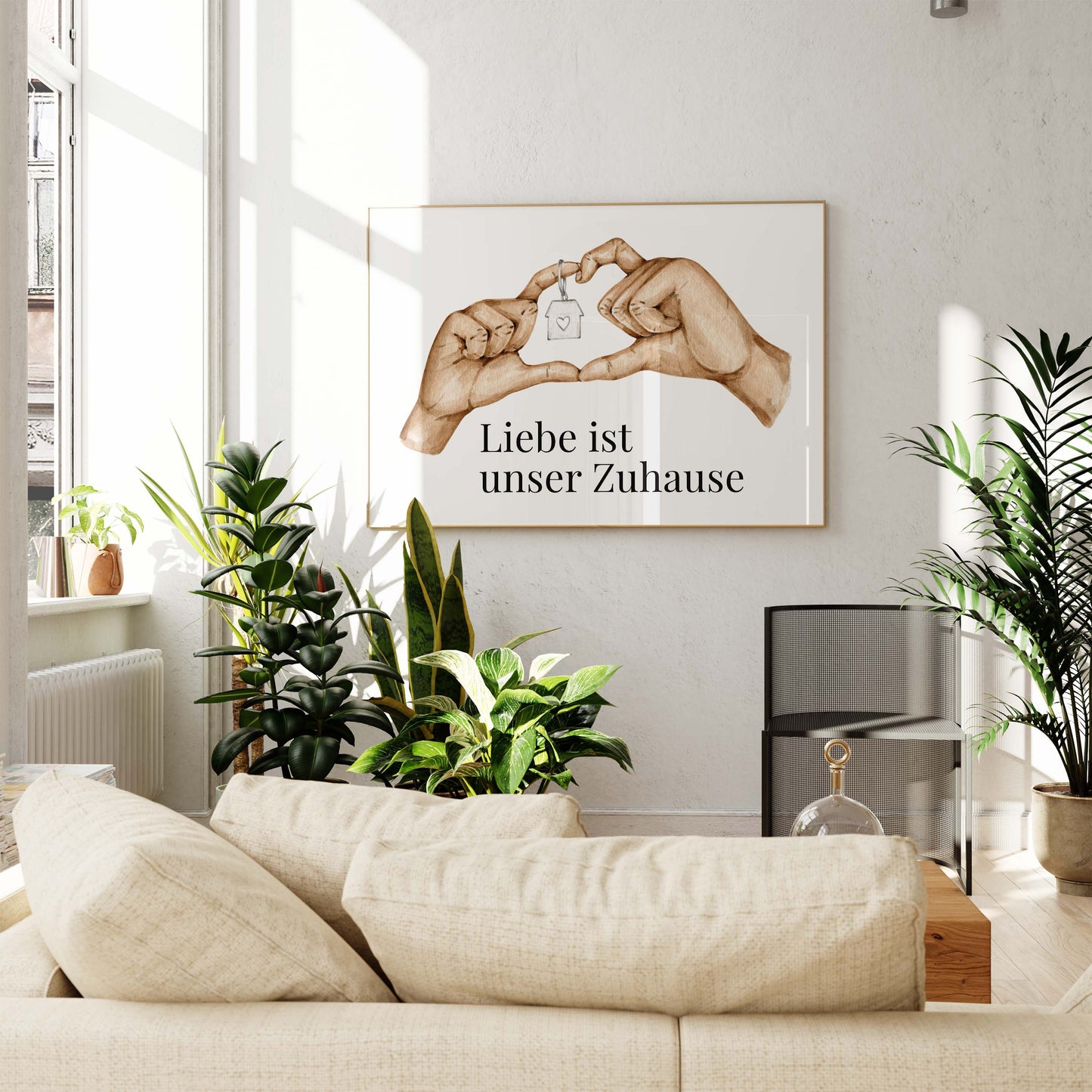 Hände Herz Haus Schlüssel Poster · Geschenkidee · Liebe Zuhause Spruch Illustration · Minimalistisches Wandbild · Print ohne Rahmen