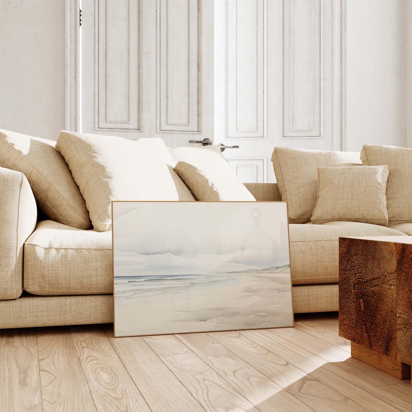 Küstenlandschaft Poster · Geschenkidee · Aquarell Strand Nebelberge Wandkunst · Print ohne Rahmen