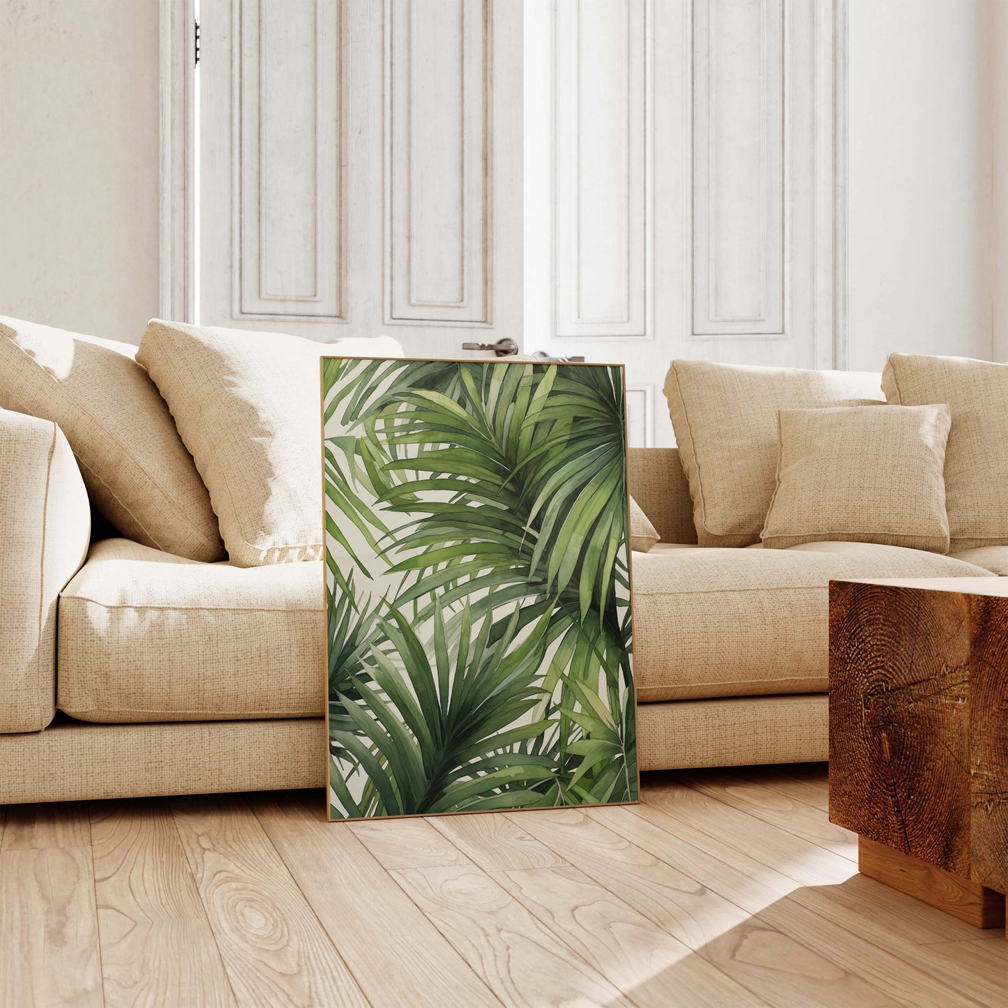 Tropische Pflanzen Poster · Geschenkidee · Aquarell Dschungelblätter und Tiger · Wohnzimmer Dekoprint ohne Rahmen