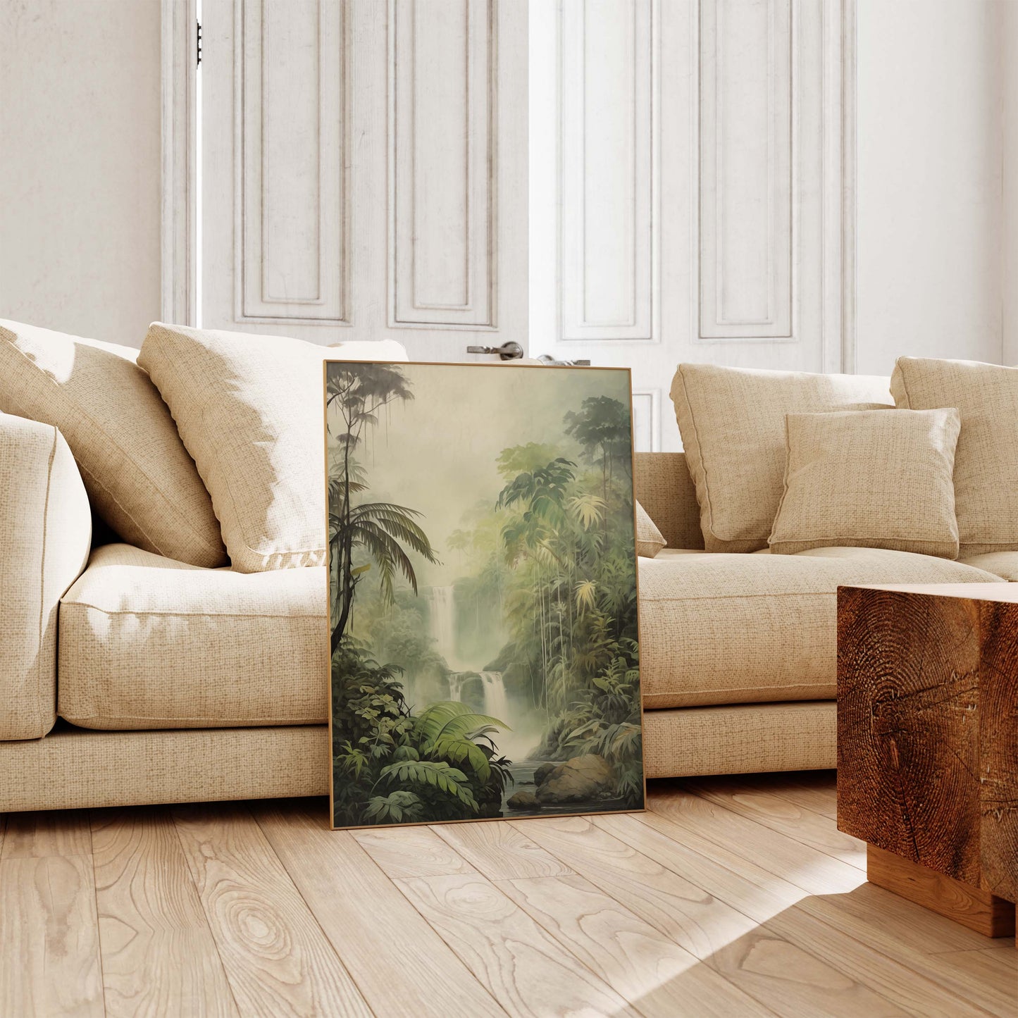 Dschungel Poster · Geschenkidee · Tropischer Regenwald Palmen Papageien und Leopard · Dekoprint ohne Rahmen