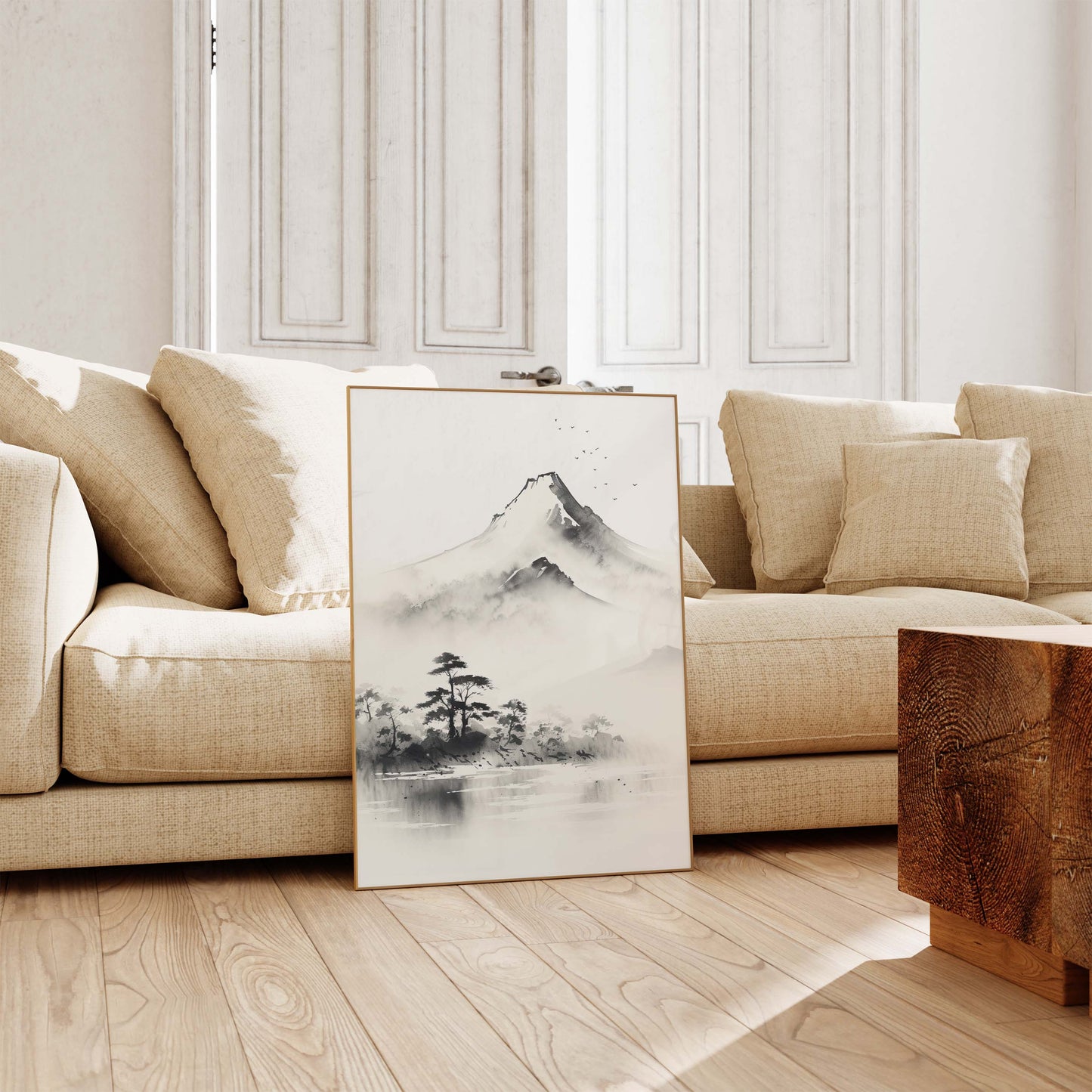 Japan Poster · Geschenkidee · Zen Kalligrafie Fuji Geisha und Lotusblüten · Dekoprint ohne Rahmen