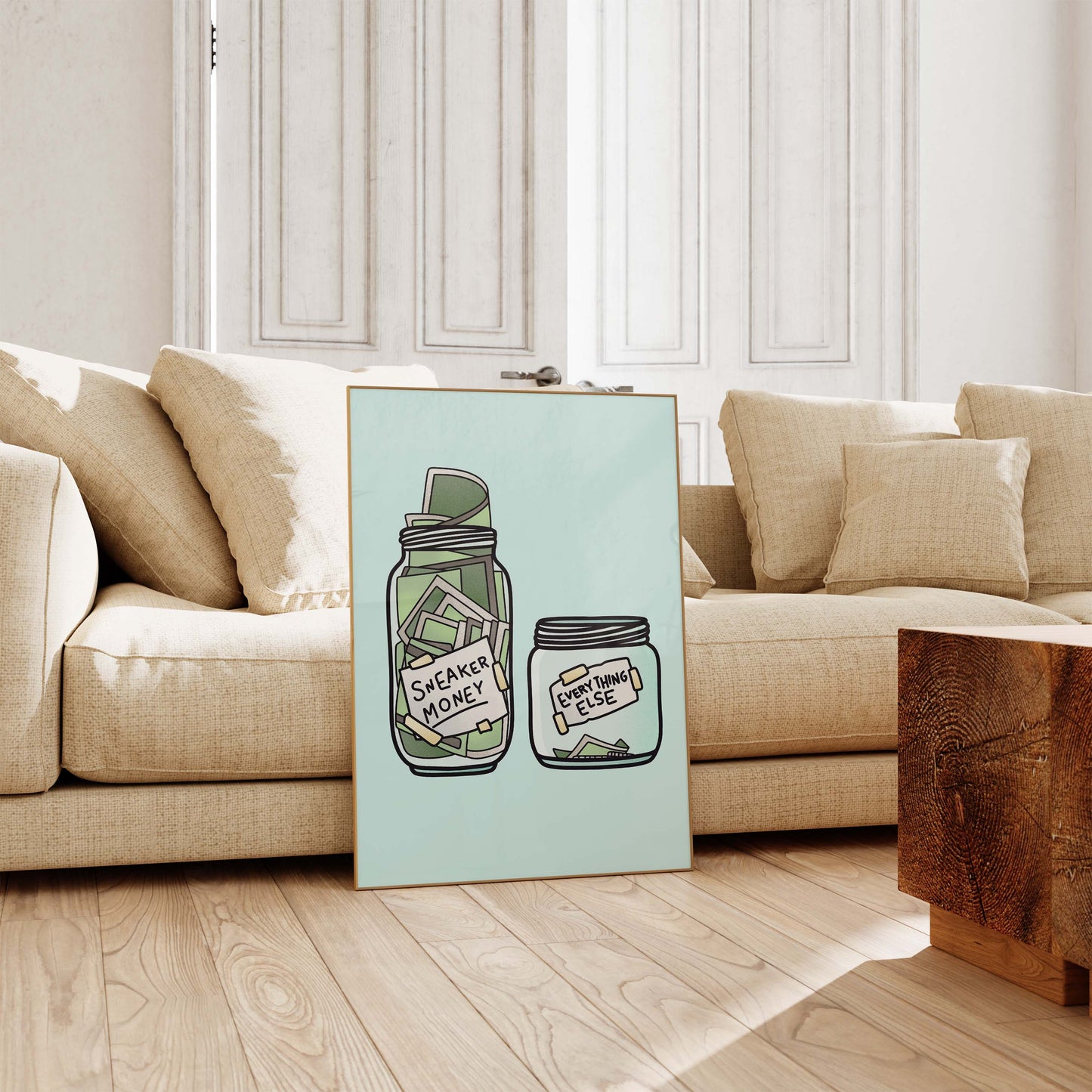 Sneaker Money Glas Illustration Poster · Geschenkidee · Lustiges Spar Design · Streetwear Humor Kunst · Moderne Wanddeko · Print ohne Rahmen