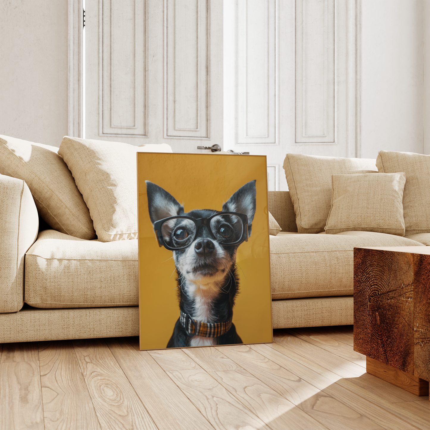 Lustige Haustier Poster · Geschenkidee · Chihuahua mit Brille Hunde und Katze · Dekoprint ohne Rahmen