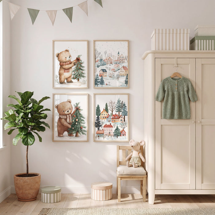 Winterliches Bär Dorf Poster für Kinderzimmer