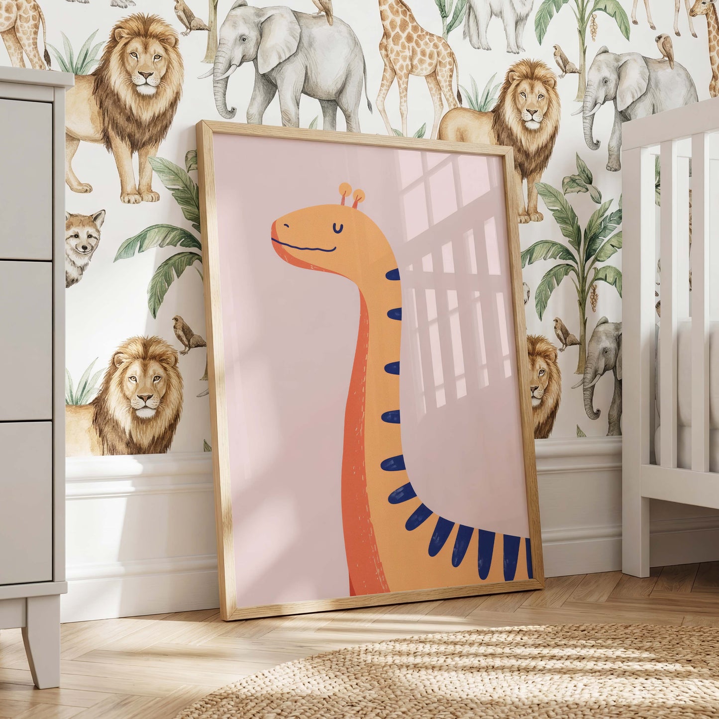 Dinosaurier Poster · Geschenkidee · Bunte Illustration mit Langhals und Giraffe · Kinderzimmer Deko · Dekoprint ohne Rahmen
