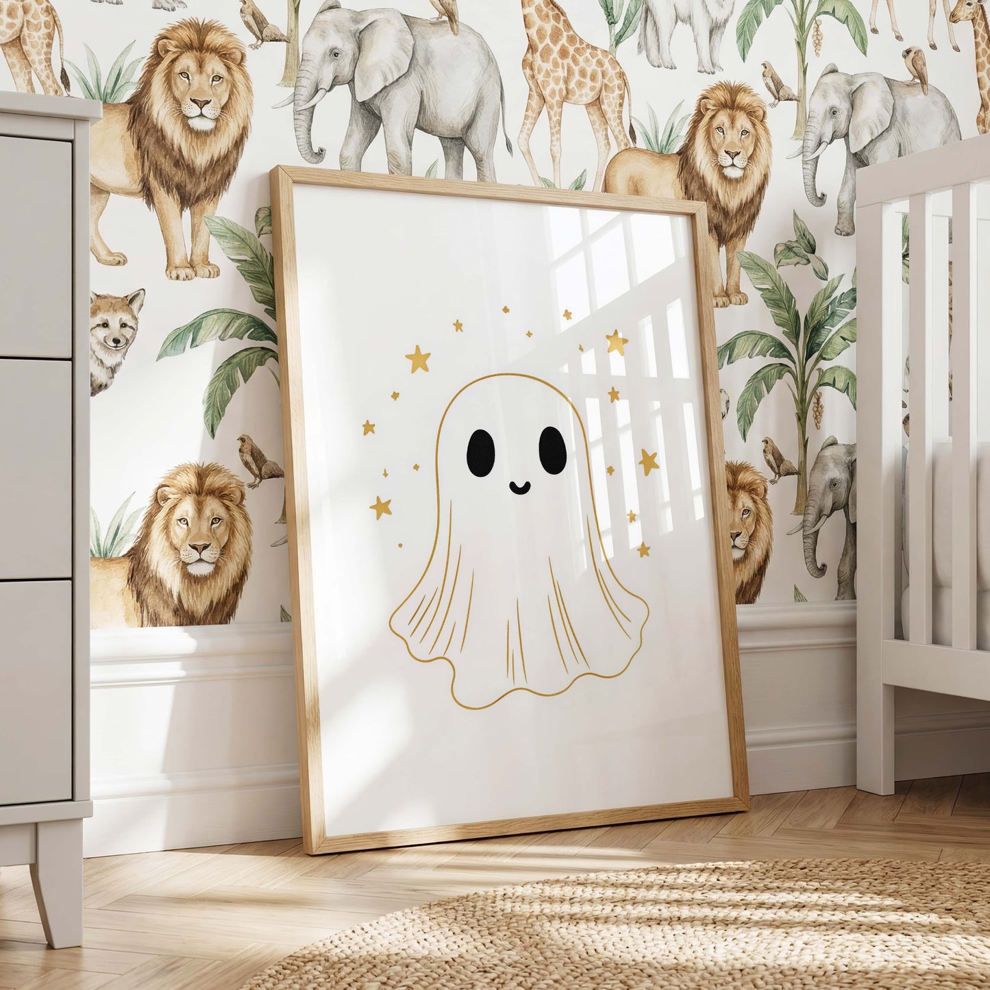 Wal und Gespenster Poster · Geschenkidee · Sanfte Illustration mit Sternen und Blüten · Kinderzimmer Deko · Dekoprint ohne Rahmen