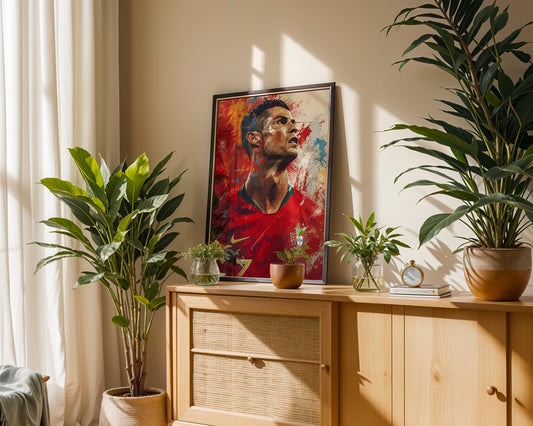 Fußball Legende Ronaldo Portugal · Dynamisches Kunstposter im Splash Art Stil · Wanddeko für Fans · Druck ohne Rahmen