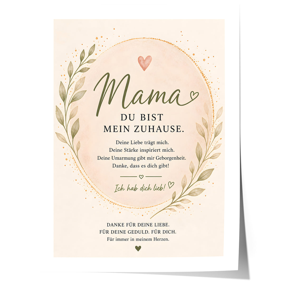 Muttertag Poster mit dem Schriftzug Mama Du bist mein Zuhause, zartem Blätterkranz und Herzen in Beige und Grün
