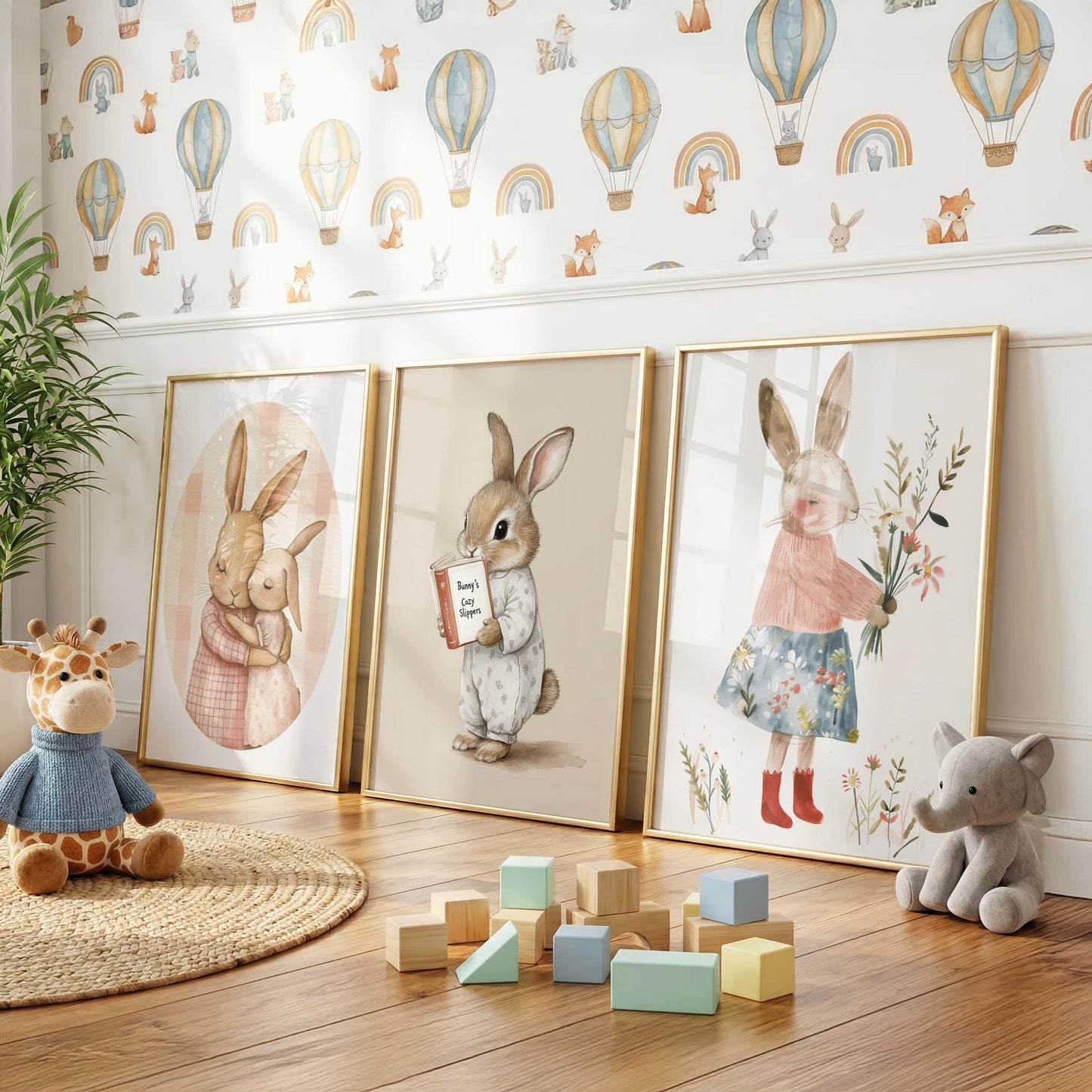 Häschen Poster · Geschenkidee · Aquarell mit Blumen und niedlichen Hasen · Kinderzimmer Deko · Dekoprint ohne Rahmen