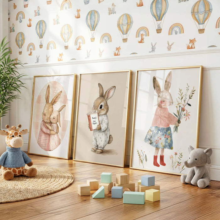 Häschen Poster mit Blumen und Kleidung für Kinderzimmer