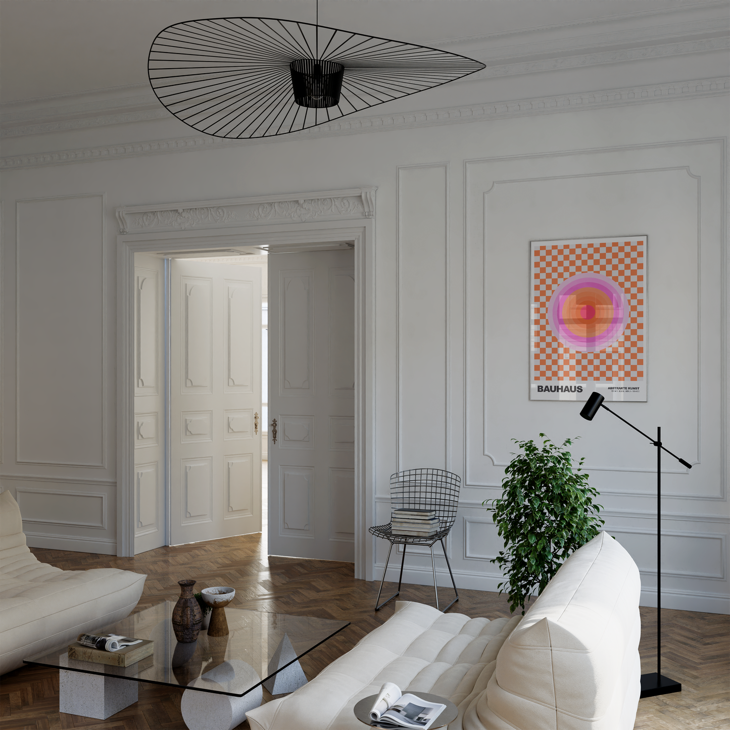 Poster Bauhaus Abstrakte Kunst · Pink Orange Kreis auf Schachbrett Muster · Modernes Retro Design Wandbild · Deko Print ohne Rahmen