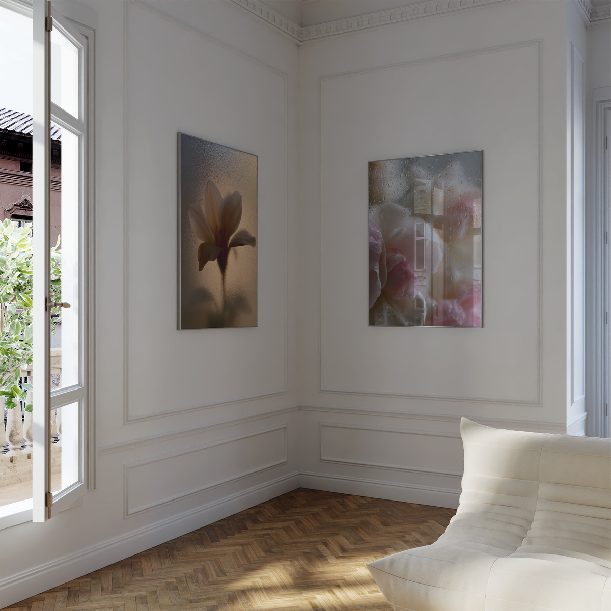 Blumen Poster · Blumen hinter beschlagenem Glas Natur Fotografie · Dekoprint ohne Rahmen