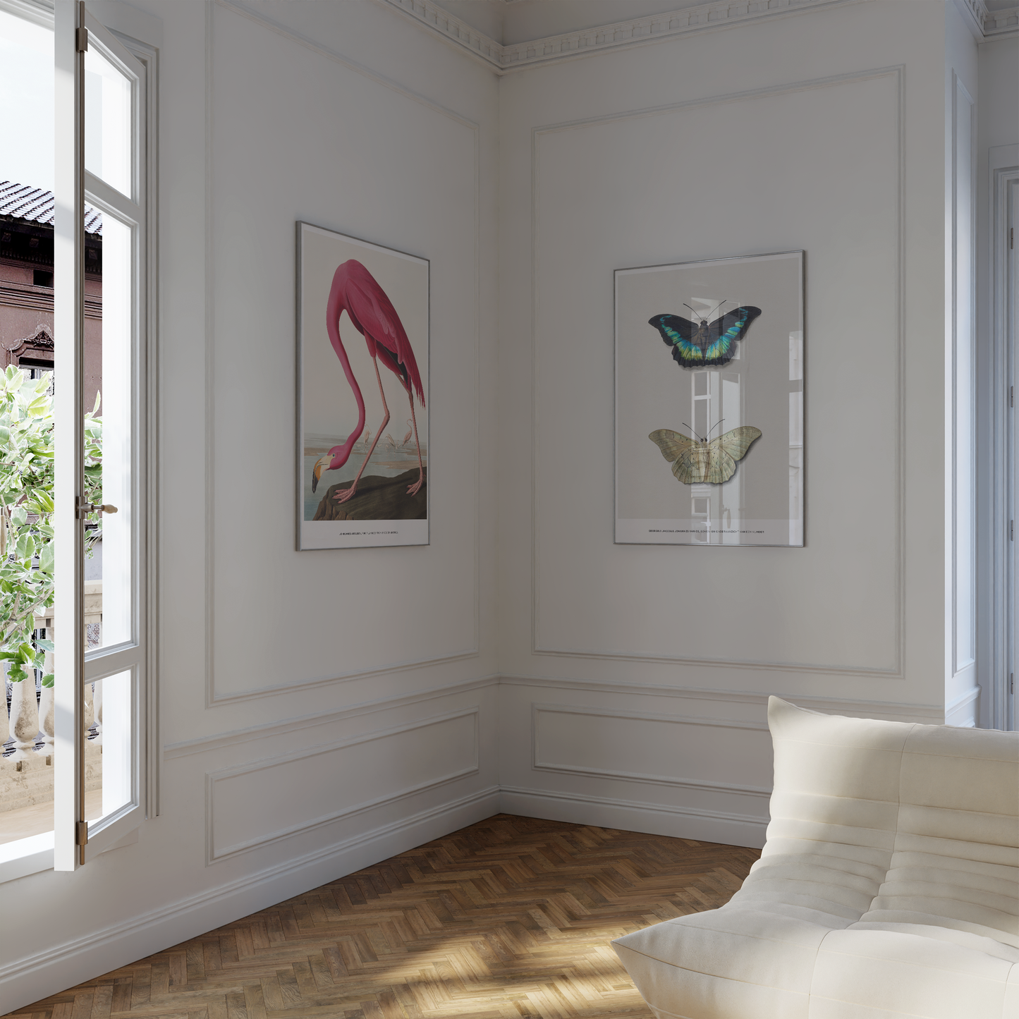 Vintage Tier Poster · Geschenkidee · Schmetterlinge Flamingo, Pfau Botanische Illustrationen · Dekoprint ohne Rahmen