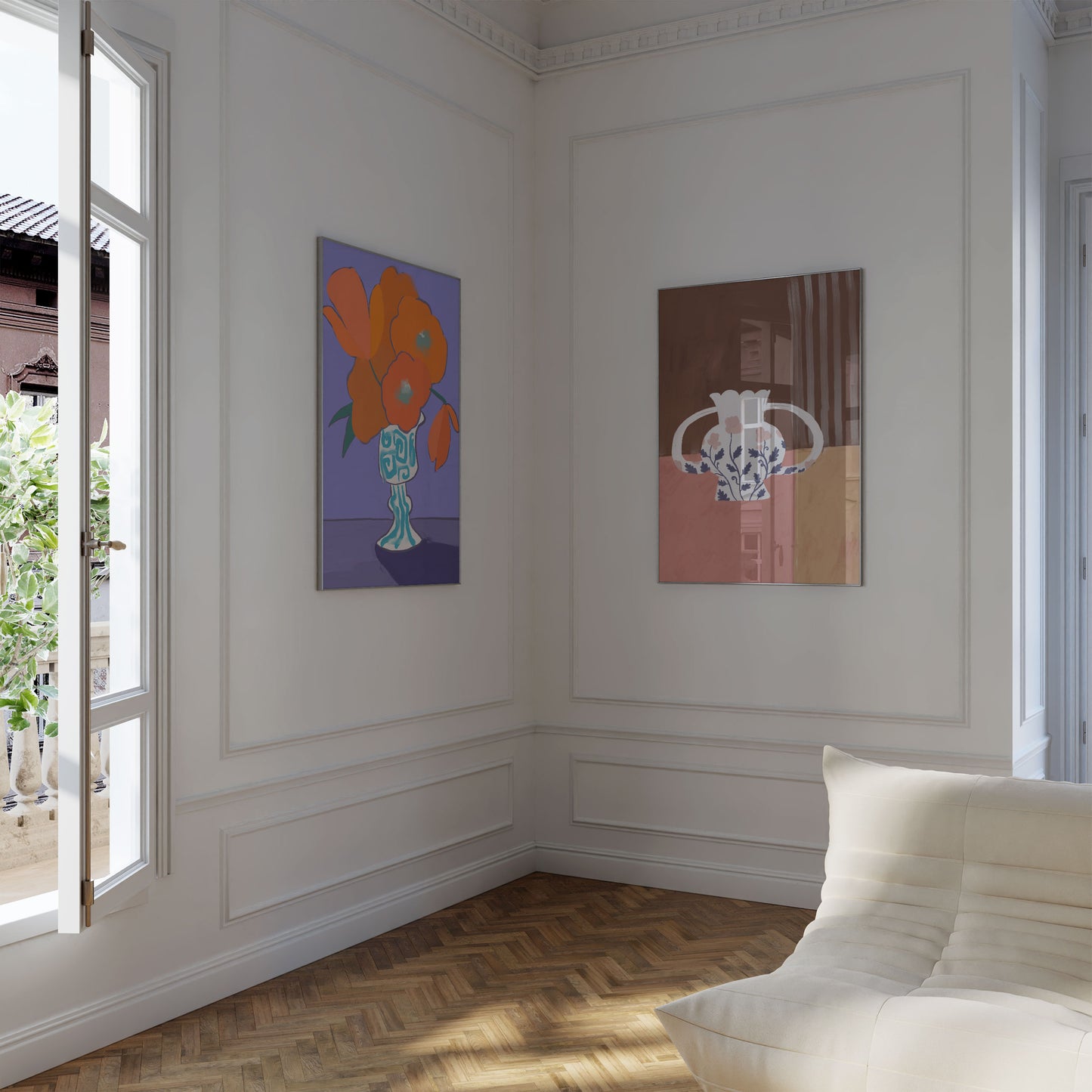 Blumen Poster · Geschenkidee · Bunte Blumenvasen, Stillleben und Abstrakte Wellenkunst · Dekoprint ohne Rahmen